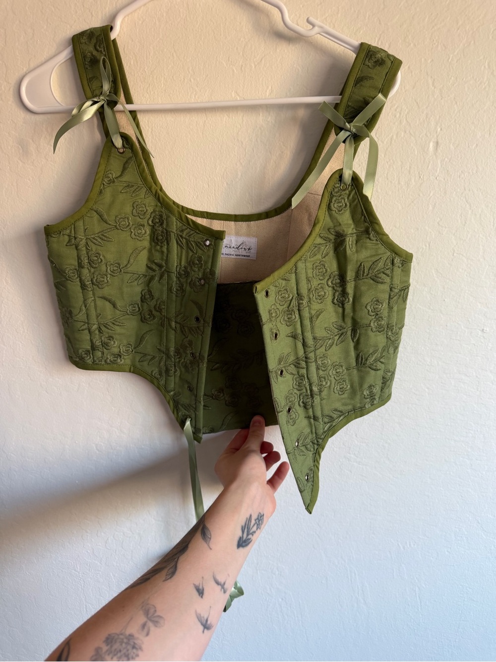 Moss Green Embroidered Floral Corset Top